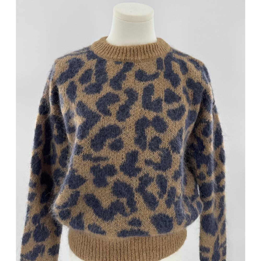 Sezane Alpaca Mohair Leopard Sweater Brown Black Animal Print Knit Pullover XS